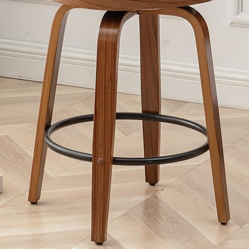 Image of 30 inch Swivel Rattan Bar Stools Set of 2,Mid-Century Modern Beige Linen Fabric Upholstered Counter Height Stools,Kitchen Island Barstools with Rattan Low Backrest,Walnut Wood Finish Bar Chair