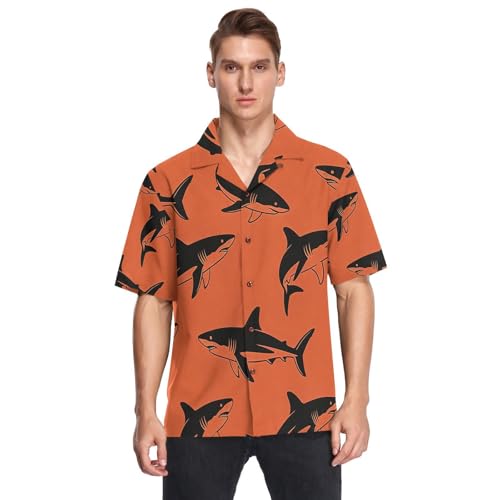 Chemise hawaïenne homme motif requin noir orange à manches courtes pour look vacances été