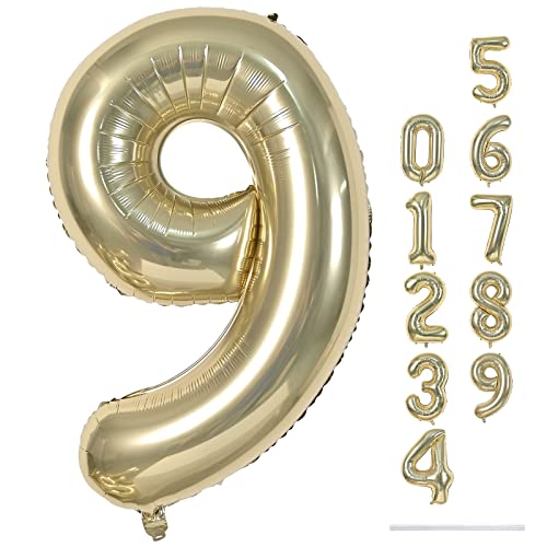 40 Inch Champagne Gold Foil Balloon Number 9, Large Self Inflating Light Gold Number Balloons 0-9 Helium Balloons Set for Girls Boys 9th Birthday Women Anniversary Graduation Party Decoration Supplies - 2