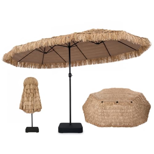 Image of Tangkula 15 FT Tiki Patio Umbrella with Base Included | Hawaiian Style, PE Grass, Crank Handle, 12 Heavy-Duty Ribs, for Beach Patio Garden Pool Backyard