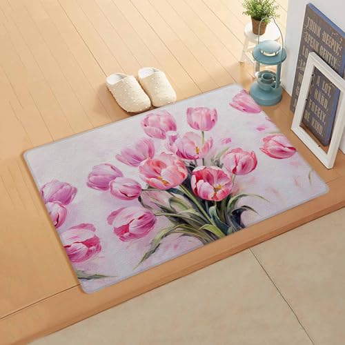 Easter Kitchen Bath Door Mat Cushioned Runner Rug,Washable Welcome Floor Sink Antifatigue Mat,Waterproof Non-Slip Comfort Standing Doormat,Modern Pink Tulip Spring Flower Botanical Watercolor 18