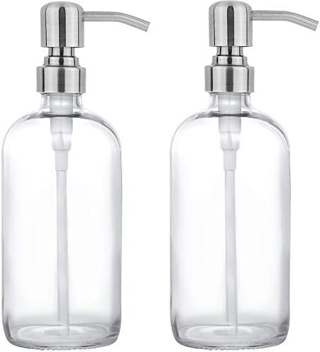 2 Pack Thick Clear Glass Pint Jar Soap Dispenser with Silver Stainless Steel Pump, 16ounce Clear Boston Round Bottles Dispenser with Rustproof Pump for Essential Oil, Lotion Soap