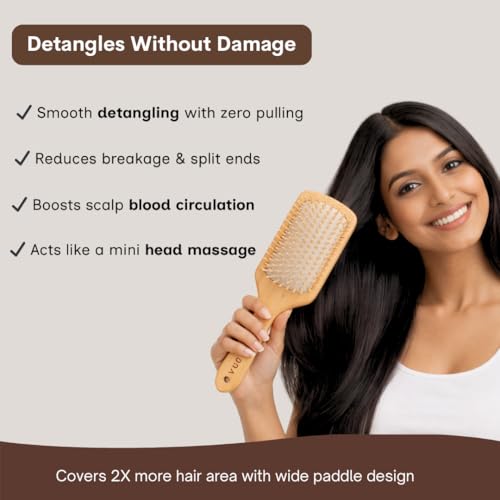 Image of Neem Wooden Hair Brush, Soaked in 21+ Herbs Amla & Bhringraj Oils | Anti-Static Detangling Brush Reduces Dandruff, Frizz & Breakage (Kacchi Neem Wood Bristles)