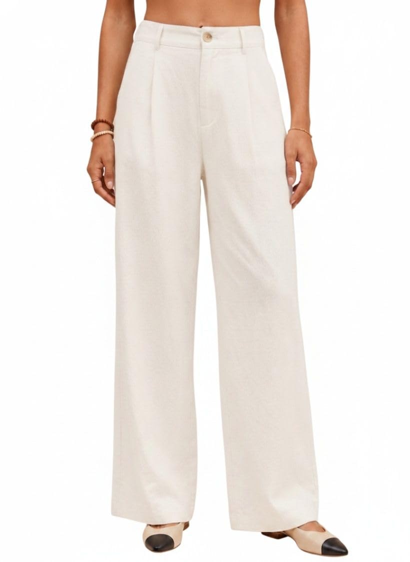 Women Cotton Linen Wide Leg Trousers High Rise Solid Pants-image-26