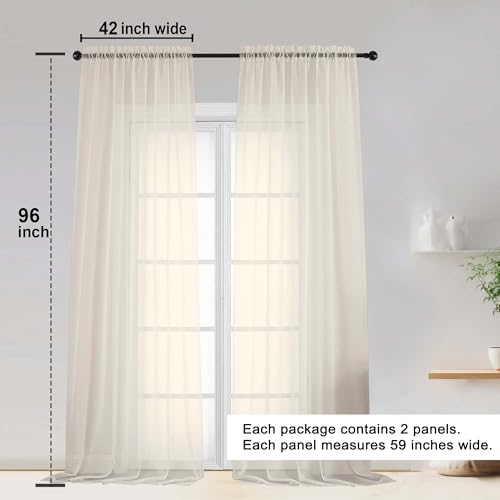 Image of OWENIE Cream Sheer Curtain 96 Inch Long 2 Panels Set, Light Filtering Clear Rod Pocket Soft Sheer Curtain 95 for Bedroom /Living Room, 2Pcs, Each 42 inch W x 96 inch L, Cream