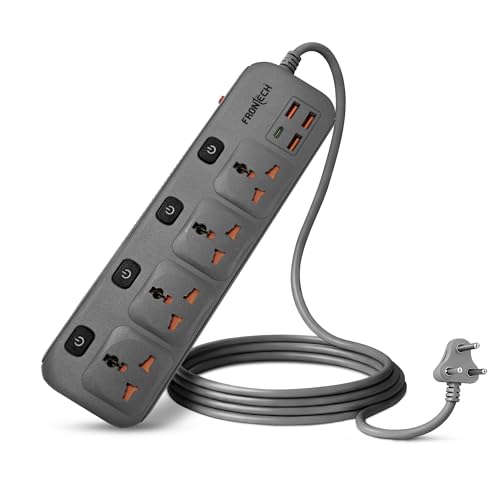 Image of FRONTECH Power Extension Socket | 2500W Heavy Duty Extension Board with 4 Universal Sockets, 3 USB-A + 1 USB-C Ports, Individual Switches, 3 Meter Copper Cable | 1 Year Warranty (FT-3566)