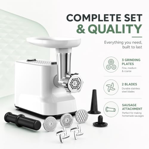 Image of CHEFFANO Meat Grinder, [2500W Max] Electric Meat Grinders with, 2 Grinding Blades, 3 Plates, Sausage Stuffer, Kubbe Kit, for Home Kitchen Use, 3-In-1 Heavy Duty Mincer