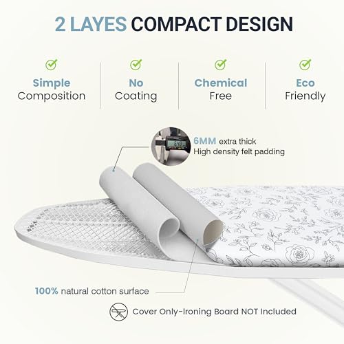 Image of Ironing Board Cover and Pad 15 inchx54 inch Extra Thick Natural Cotton, Scorch and Stain Resistant Padding, Standard Size Iron Board Cover with Fasteners Heavy Duty Elastic Edge, Heatproof Rose