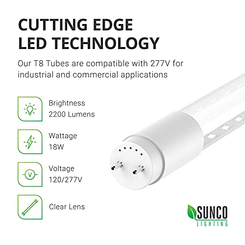 Sunco Lighting 10 Pack T8 Led 4Ft Tube Light Bulbs Ballast Bypass Fluorescent Replacement, 5000K Daylight, 18W, Clear Cover, Retrofit, Single Ended Power (Sep), Commercial Grade - Ul #TOP3