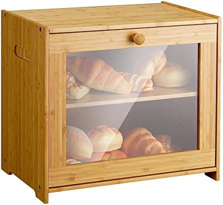 VASMIA Bread Box for Kitchen Countertop, Bamboo Storage Box with 2 Adjustable Layer, Large Capacity Bread Box with Acrylic Glass Window, Bread Storage Bin for Kitchen(Self-Assembly)