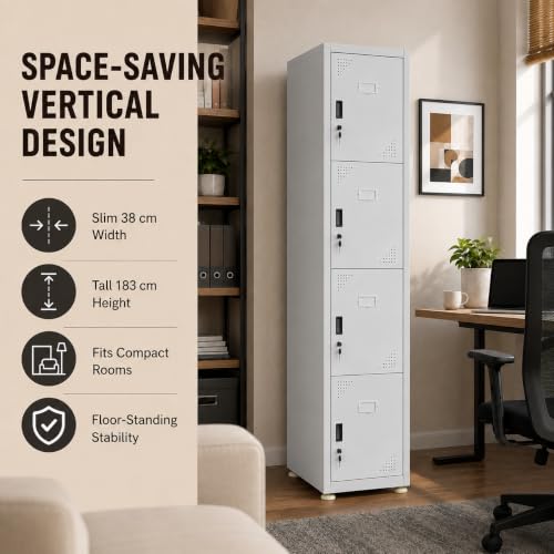 Image of Amazon Brand - Solimo 4 Door Steel Locker | Secure Metal Storage for Equipment, Uniforms, Documents & Personal Items | Multi-Purpose Vertical Cabinet for Gym, School, Office Powder Coated Light Grey