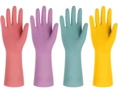Likealot 4 Pairs Rubber Kitchen Dishwashing Gloves - Colorful Reusable Household Cleaning Gloves Outdoor Chores for Women & Men (Medium)