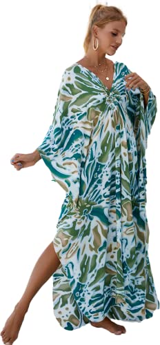 Beach Cover ups Hand Woven V Neck Swim Cover up Caftan Rayon Cotton Kaftan Dresses Floral Ethnic Print Beach Kaftans