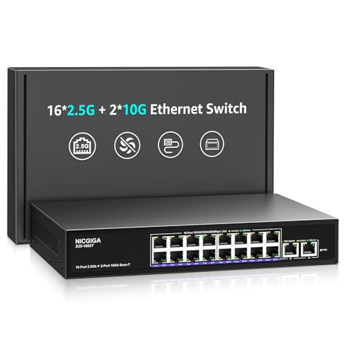 Image of 10Gbe Ethernet Switch Unmanaged with 2 x 10Gb RJ45 Ports + 16 x 2.5Gb Base-T Ports, Desktop /19-inch Rack Mount, NICGIGA 18 Port 10Gbps Network Switch for Wireless AP, NAS, PC