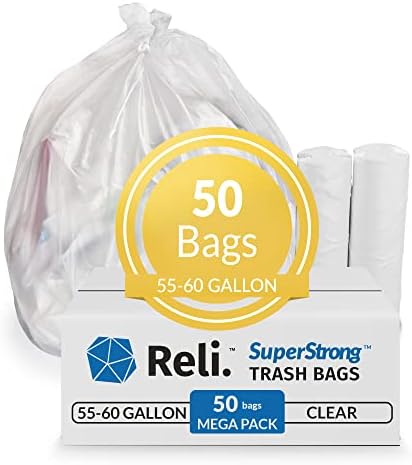 Reli. SuperValue 55-60 Gallon Trash Bags | 50 Count | Made in USA | Heavy Duty | Clear Multi-Use Garbage Bags