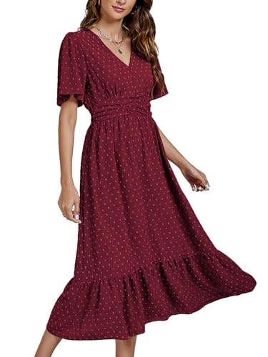 Image of LYANER Women's Boho Maxi Dress Long Sleeve V Neck Swiss Dot High Waited A-Line Ruffle Tiered Chiffon Long Dresses
