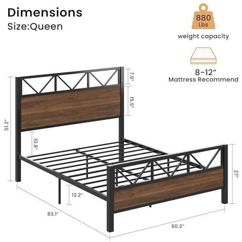 Image of LIKIMIO Queen Bed Frame, Tall Industrial Headboard 51.2 inch, Platform Bed Frame with Strong Metal Support, Solid and Stable, Noise Free, No Box Spring Needed, Easy Assembly, Walnut