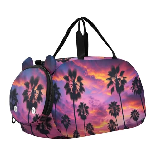 Palm Trees Sunset Landscape Duffle Bag for Girl, Sports Duffle Gym Bags with Shoe Compartment, Personalized Overnight Bag Travel Weekender for Kids
