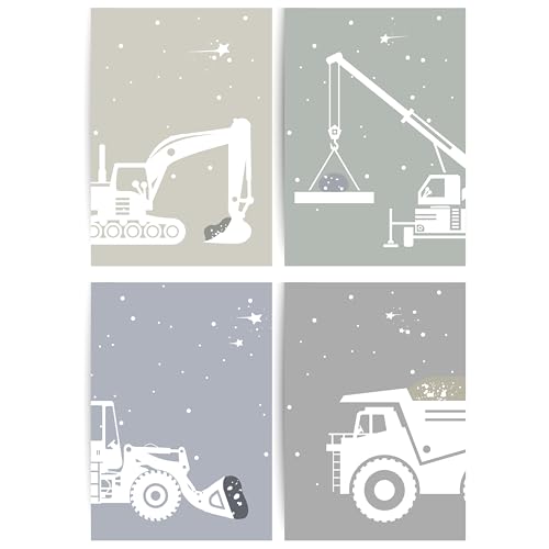 Papierkindᵀᴹ 4er Poster Set - Baufahrzeuge Bagger Kranwagen Kipplaster | Baustellen Bilder f&uuml;r Kinderzimmer | Deko f&uuml;r Kinderzimmer | Wanddeko f&uuml;r Jungenzimmer | DIN A4 ohne Rahmen (A110-1)