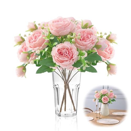 XMSHYODSM Peony Artificial Flowers, 3 Bunches Silk Peonies Bouquets, Faux Peony Bouquet Pink Silk Peonys Fake Flowers Bouquet for Home Kitchen Garden Party Wedding Decoration
