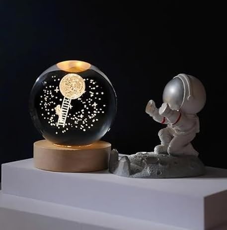 Image of 3D Astronaut Crystal Ball Night Lamp, Solar System Astronaut Crystal Ball Night Light, USB Table Colorful Led Wooden Crystel Ball for Home, Office, Birthday Gift (Astronaut)