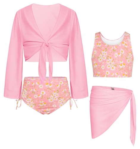 Image of GRACE KARIN Girls Bathing Suit Adjustable Taniki Swimsuit Tie Front 4 Piece Bikini Set with Kimono Cover Up 6-14
