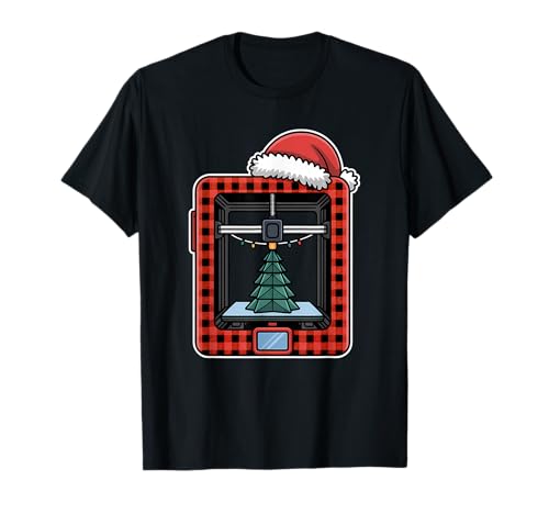 Christmas Buffalo Plaid 3D Printer with Santa Hat T-Shirt