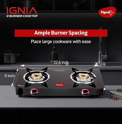 Image of Pigeon Ignia 2 Burner Gas Stove | Brass Burner | Easy Cleaning | Toughened Glass | 2 year Warranty