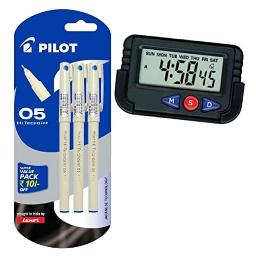 Pilot Hi-Techpoint 05 Super Value Pen - Pack of 3, Blue INK & CAR/TABLE ALARM WATCH WORTH RS.249