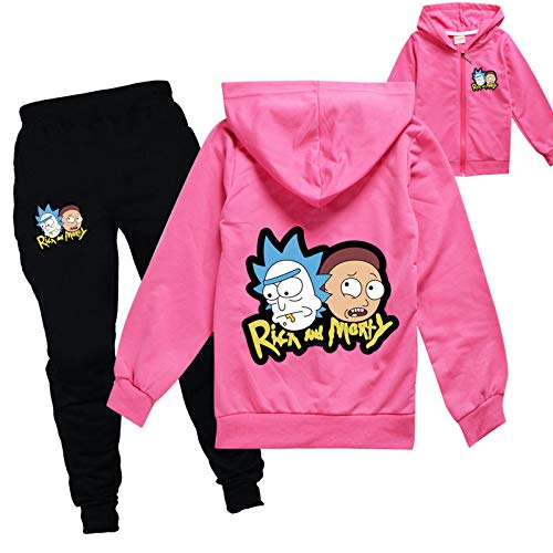 Youth Solid Zip Hoodies Boys Girls Long Sleeve Sweatshirt Rick and Morty 3D Printed Casual Autumn Winter Tops and Pants Tracksuit Outfits Set,Rose red,170cm