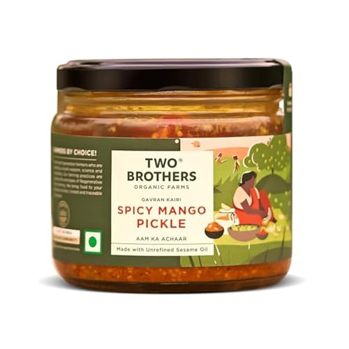 Image of Two Brothers Organic Farms Spicy Mango Pickle (300g) Handmade with Native Gavran Kairi | Wood-Pressed Sesame Oil | No Vinegar, Additives or Preservatives | Traditional Family Recipe