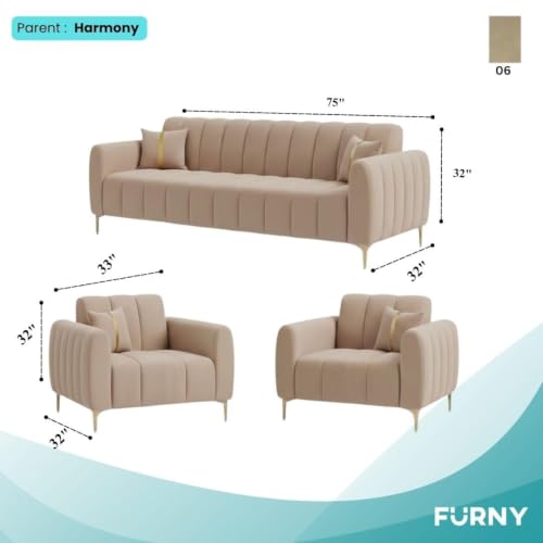 Image of FURNY Harmony 5 Seater Velvet Fabric 3+1+1 Sofa Set (Beige Color) with Golden Finish Legs | Durable & Comfortable | Ideal for Living Room, Offices