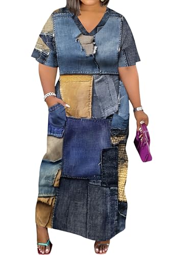 Image of Runwind Plus Size T Shirt Maxi Dress for Women Short Sleeve V Neck Casual Long Dresses with Pockets