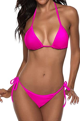 QMDSN Cotton Fabric Bikini Set for Women Two Piece Swimsuits V Neck Back Self Tie Spaghetti Straps Panty