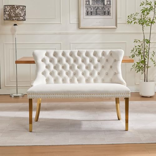 Image of 45.6''Velvet Dining Bench, Button Tufted Upholstered Dining Table Bench with Wing Highback, Nailhead Decoration, Small Loveseat Sofa with Gold-Plated Steel Legs, Mid Century Modern Seating, Beige