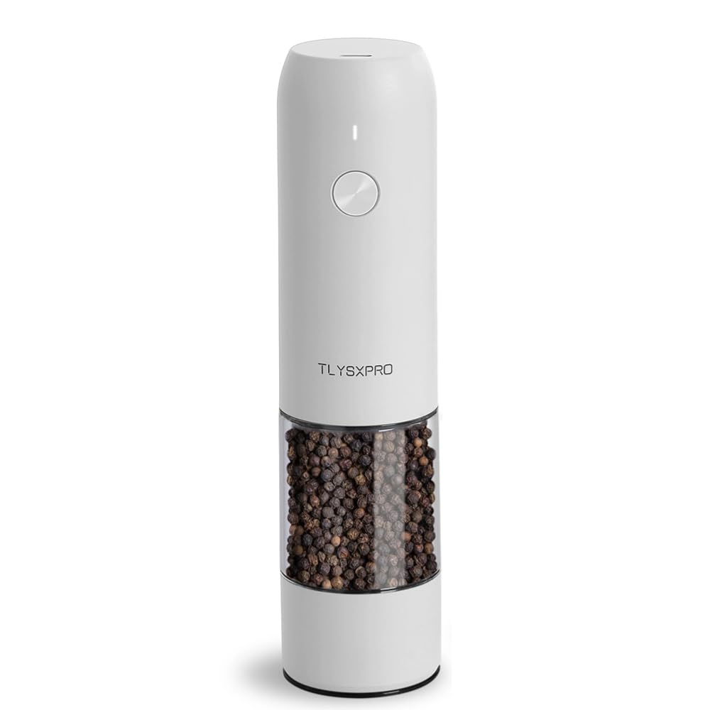 TLYSXPRO Moulin à poivre électrique, rechargeable par USB, moulin à sel et poivre automatique, avec réglage de la grosseur, lumière LED, rechargeable, accessoire de cuisine (1 pièce, Blanc)