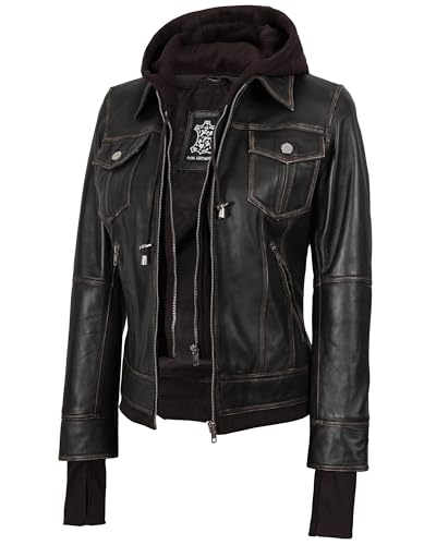 Image of Womens Leather Jacket with Detachable Hood - Real Lambskin Bomber Jacket Thumbholes Women