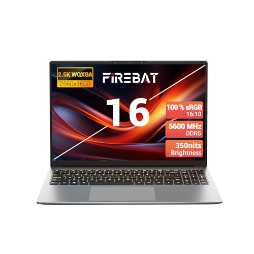 FIREBAT 16 Zoll Gaming Notebook, AMD Ryzen 7 H255 Octa-Core Prozessor bis 4,9GHz, 16GB DDR5, 512GB NVMe SSD, QHD 2.5K Display, Leistungsstarker Laptop für Gaming Büro Studium Grau