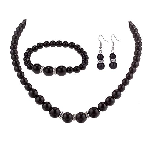 Faux Pearl Necklace Earring and Bracelet Black Costume Jewelry Set for Women