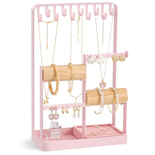Lolalet Jewelry Holder Organizer, Aesthetic Jewelry Display Stand for Necklaces Bracelets Earrings Rings, Cute Room Décor for Teen Girls Women -Pink