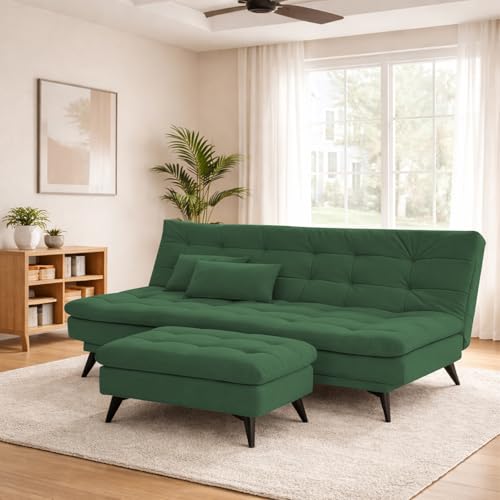 Image of Krancy Solid Wood 3 Seater Sofa Cum Bed with Ottomon | Convertible Wooden Couch for Living Room, Home & Office | Modern Designer Furniture | 1 Year Warranty | Green Color