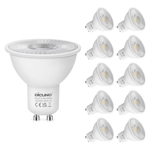 DiCUNO GU10 LED Bulbs Cool White 6000K, 5.5W 340LM Energy Saving GU10 LED Light Bulbs, 50W Halogen Spotlight Equivalent, Non-dimmable for Home Lighting Decor, 45° Beam Angle, 10 Pcs