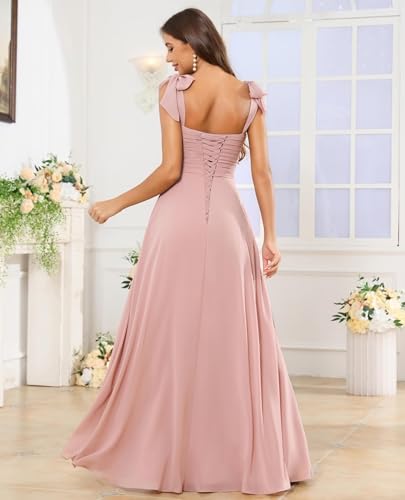 Spaghetti Straps Chiffon Bridesmaid Dresses Square Neck Ruffles A Line Long Evening Dress with Slit Pockets2