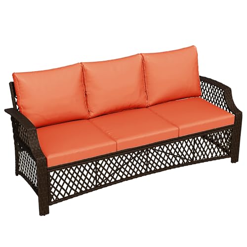 Image of HOMREST Wicker Patio Furniture 3-seat Sofa,Outdoor Seating Couch with Cushions, All-Weather Patio Couch for Porch, Poolside, Garden, Deck(Orange)