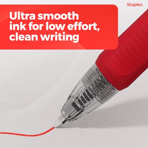 Image of STAPLES Retractable Gel Pens, Fine Point, Red Ink, 12 Pack - Smooth Writing, Quick‑Dry Pens for Notes, Editing & Office Use