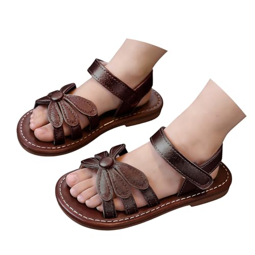 Toddler Girl Fashion Bow Sandals Baby Open Toe Adjustable Strap Leather Soft Rubber Flats Kids Flower Girl Summer Dress Shoes (Brown, 13 Little Child)