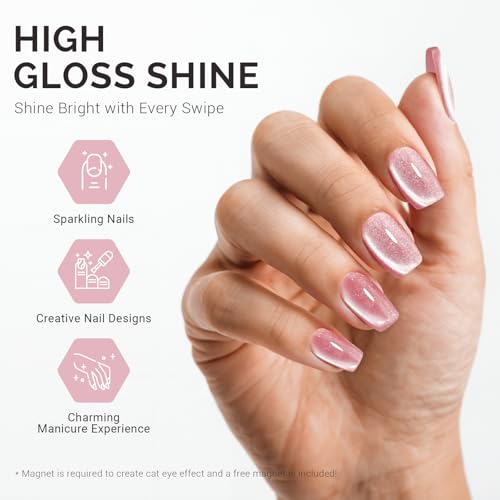 Image of MelodySusie Jeweliver Cat Eye Gel Nail Polish, 0.5 Fl Oz Pink Glitter Holographic Magnetic Nail Polish with Magnet, UV Nail Polish for Nail Art Manicure Salon DIY at Home C04