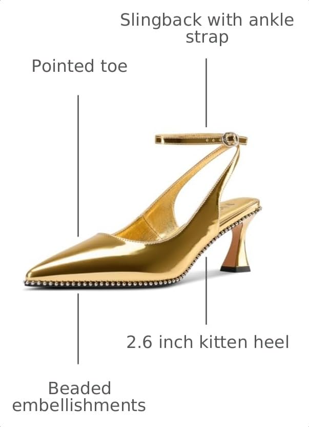 Image of NobleOnly Womens Slingback Heels Beaded Pumps Ankle Strap Pointed Toe Kitten Heels Dress Shoes 2.6 Inches