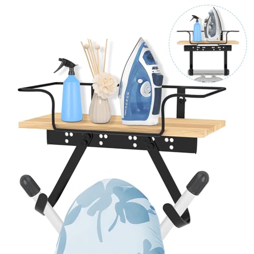 HAWAKA Percha para tabla de planchar para lavandería, soporte para plancha y tabla de planchar, cesta grande de madera y ganchos extraíbles, soporte de pared de metal