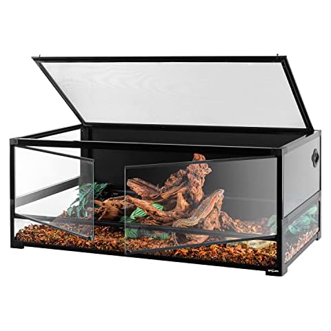 REPTI ZOO 85 Gallon Tempered Glass Reptile Terrarium, 48" x 24" x 18" Easy Folding & Detaching Reptile Habitat Tank with One-Hand Opening Door & Blacked-Out Back and Screen Ventilation Cover